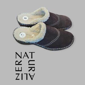 Naturalizer Brown Strayman Suede Leather Shearling Faux Fur Clogs Women's 8